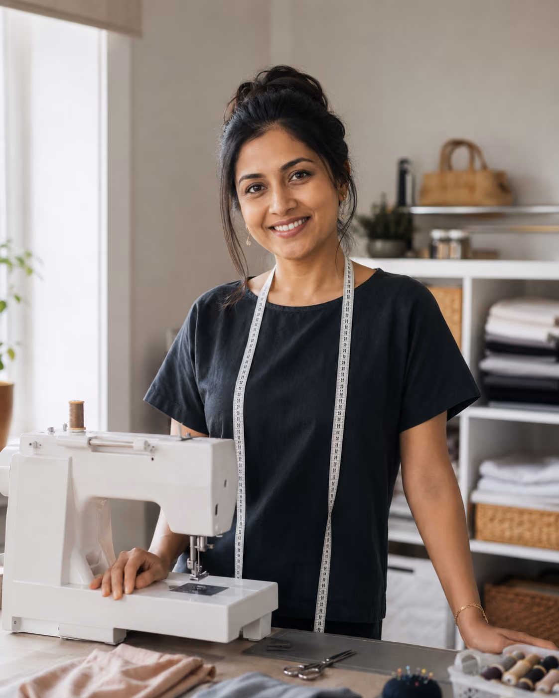 Shahnaz, alteration specialist, working in her home studio