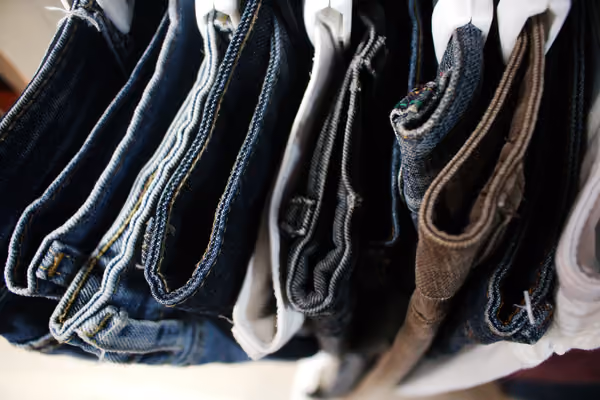 Hemmed jeans and pants hanging after alterations